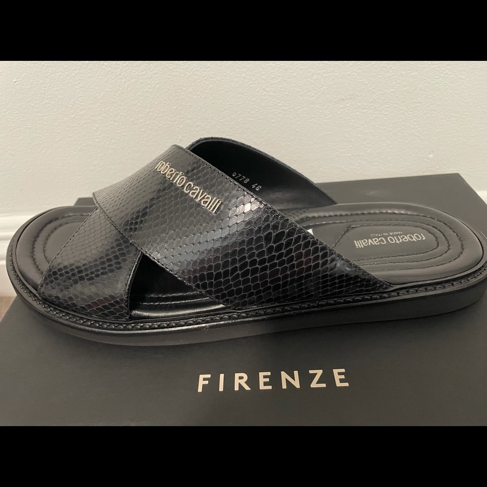 Snake-Embossed Crossband Leather Slides